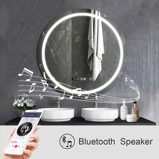 70 cms Round Bathroom Mirror with Bluetooth Speaker, LED Lights Illuminated