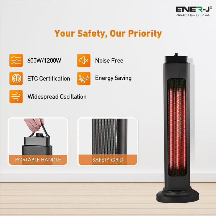 Portable Infrared Heater with Oscillation, Free Standing Radiant Heater, Efficient 600W or 1200W Power (250 x 250 x 835mm)