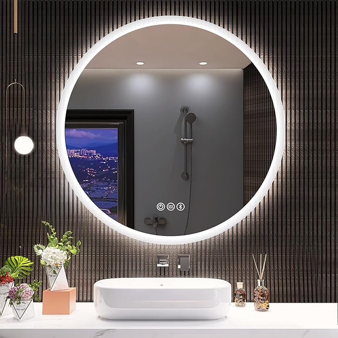 Round LED Bathroom Mirror 70cm with RGB Backlit, Bluetooth Speakers, Anti-Fog, CCT Dimmable Lighting & Time/Temp Display