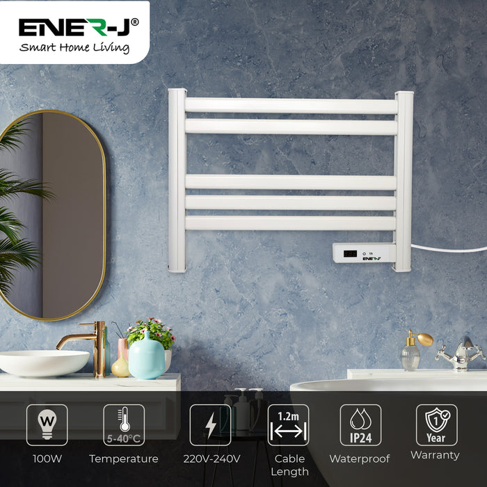 Infrared Heated Towel Rail, Bathroom Wall Mounted 5 Bar Towel Rail Radiator, IP24 Electric Heating Towel Warmer Rack with Timer & LED Display