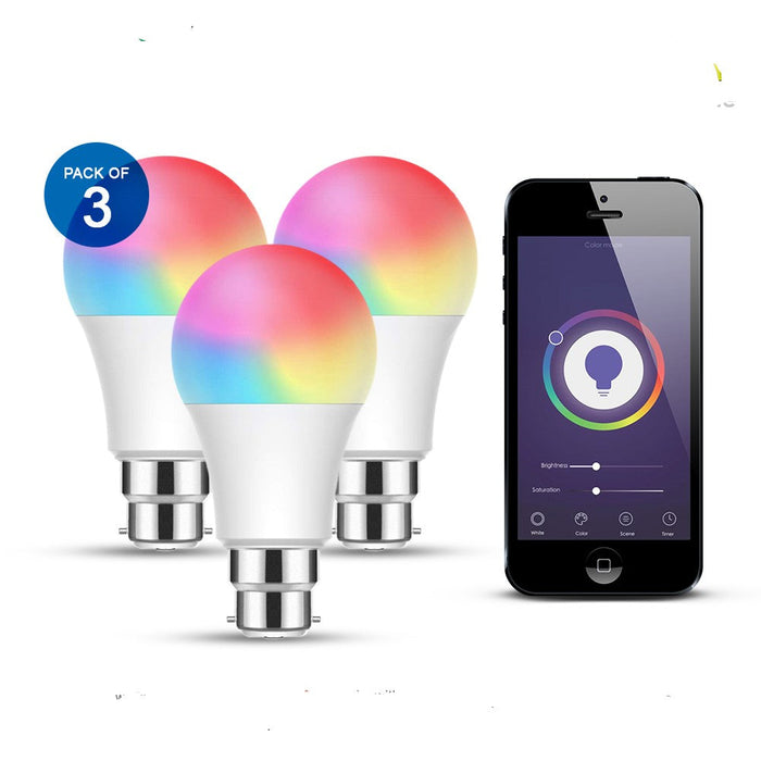 Smart WiFi Colour Changing B22 LED Bulb 9W, RGB+W+WW and Dimmable