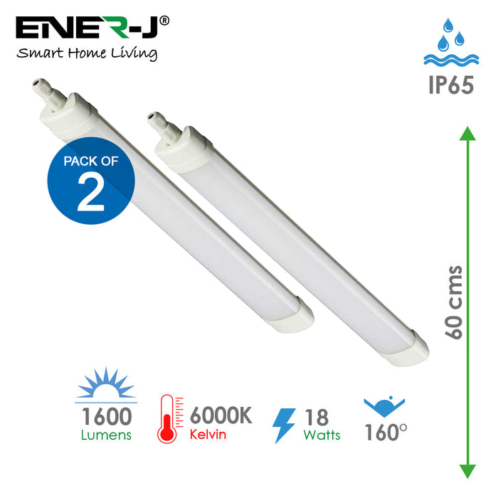 Pack of 2 18W LED Triproof Batten Tube Lights, 60cms, 6000K, IP65 Waterproof, No UV and IR Radiation, Super Bright Tube Light for Kitchen, Living Room, Bathroom, Office