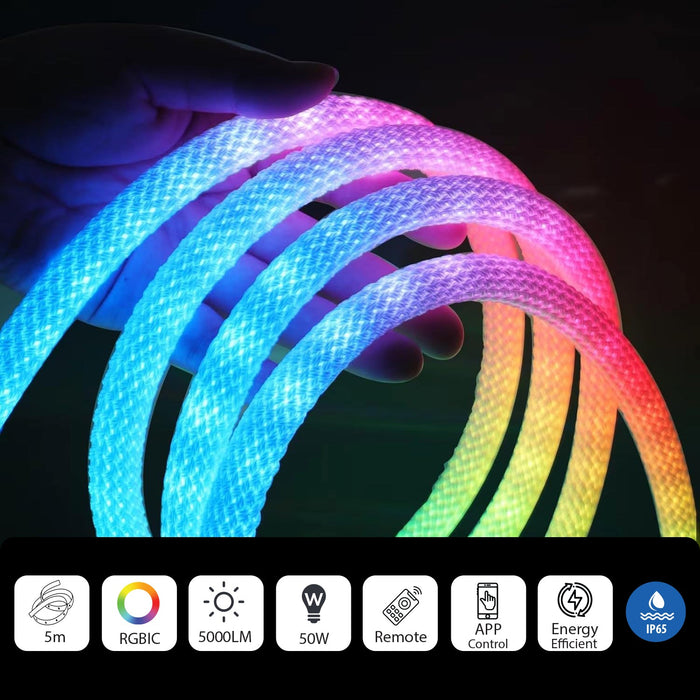 NeonTwist RGBIC Braided LED Rope Light 5m – 360° Smart Neon Strip with App & Remote | Indoor & Outdoor IP65 Waterproof