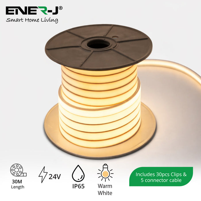 30 Meters 24V Silicon Neon Strip | Includes 30pcs Clips & 5 connector cable | Size: 10x10mm, IP65 | Warm White