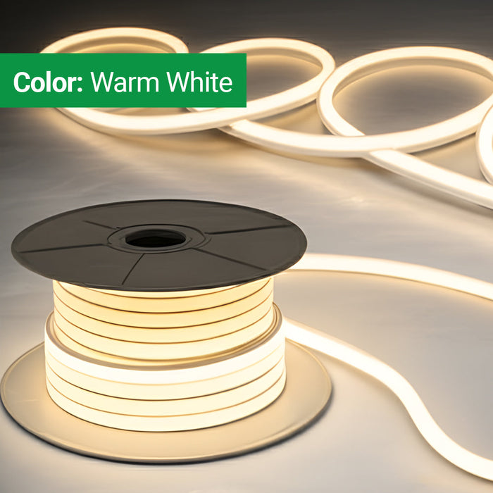 30 Meters 24V Silicon Neon Strip | Includes 30pcs Clips & 5 connector cable | Size: 10x10mm, IP65 | Warm White