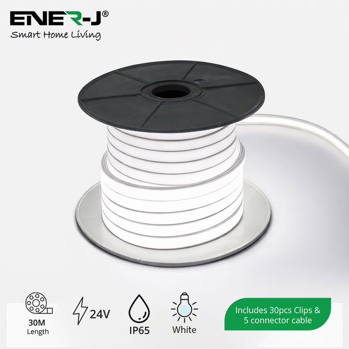 30 Meters 24V Silicon Neon Strip | Includes 30pcs Clips & 5 connector cable | Size: 10x10mm, IP65 | White