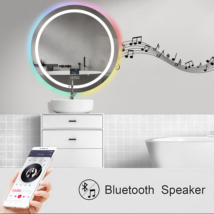 Round LED Bathroom Mirror 70cm with RGB Backlit, Bluetooth Speakers, Anti-Fog, CCT Dimmable Lighting & Time/Temp Display