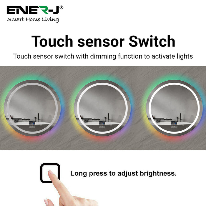 Round LED Bathroom Mirror 70cm with RGB Backlit, Bluetooth Speakers, Anti-Fog, CCT Dimmable Lighting & Time/Temp Display