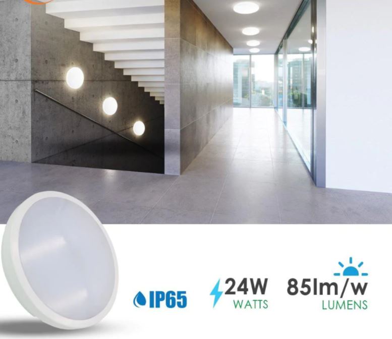 LED Ceiling Light IP65 Waterproof, 24W 2000lm, Neutral White 4000K (emergency lighting option available)