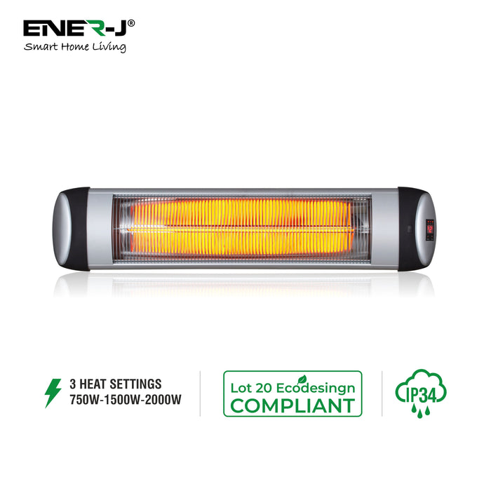 2000W Wall Mounted Patio Heater with Quartz Tube with 3 Heat Setting 750W, 1500W & 2000W, IP34 Rating