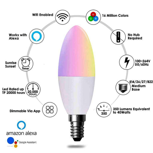 WiFi Smart Led Light Bulb E14 Base, 4.5W Dimmable Alexa Candle Light Bulbs for Bedroom & Living Room Ceiling, Colour Changing RGBCW Lights (Pack of 3) - Olectrical