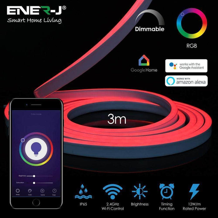 Smart WiFi 3meter RGB LED Neon Flex Kit Strip Lights, APP Control and Google Assistant Compatible, Colour-Changing With Music For Parties And Bedroom