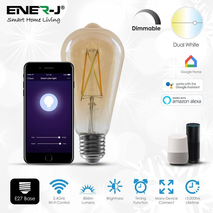 ENERJ Smart Filament ST64 in Amber Glass 8.5W 730Lm of 6500K & 2700-6000K, CCT & Dimmable E27 Holder (Pack of 3) - Olectrical