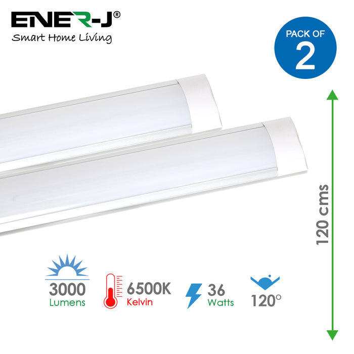 Pack of 2 LED Prismatic Batten Fitting Lights, 36W, 120cms, 6500K Daylight for Ceiling of Home & Office, Workshop & Garage Lighting